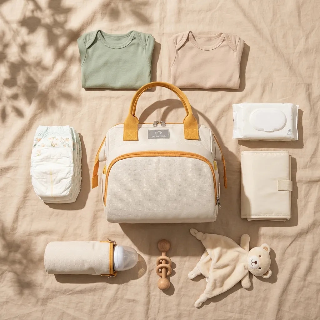 Flatlay sac à langer 3 modes de portage Oxford imperméable blanc anses jaunes entouré des essentiels bébé - couches lingettes biberon isotherme body doudou hochet et tapis à langer pour sortie complète