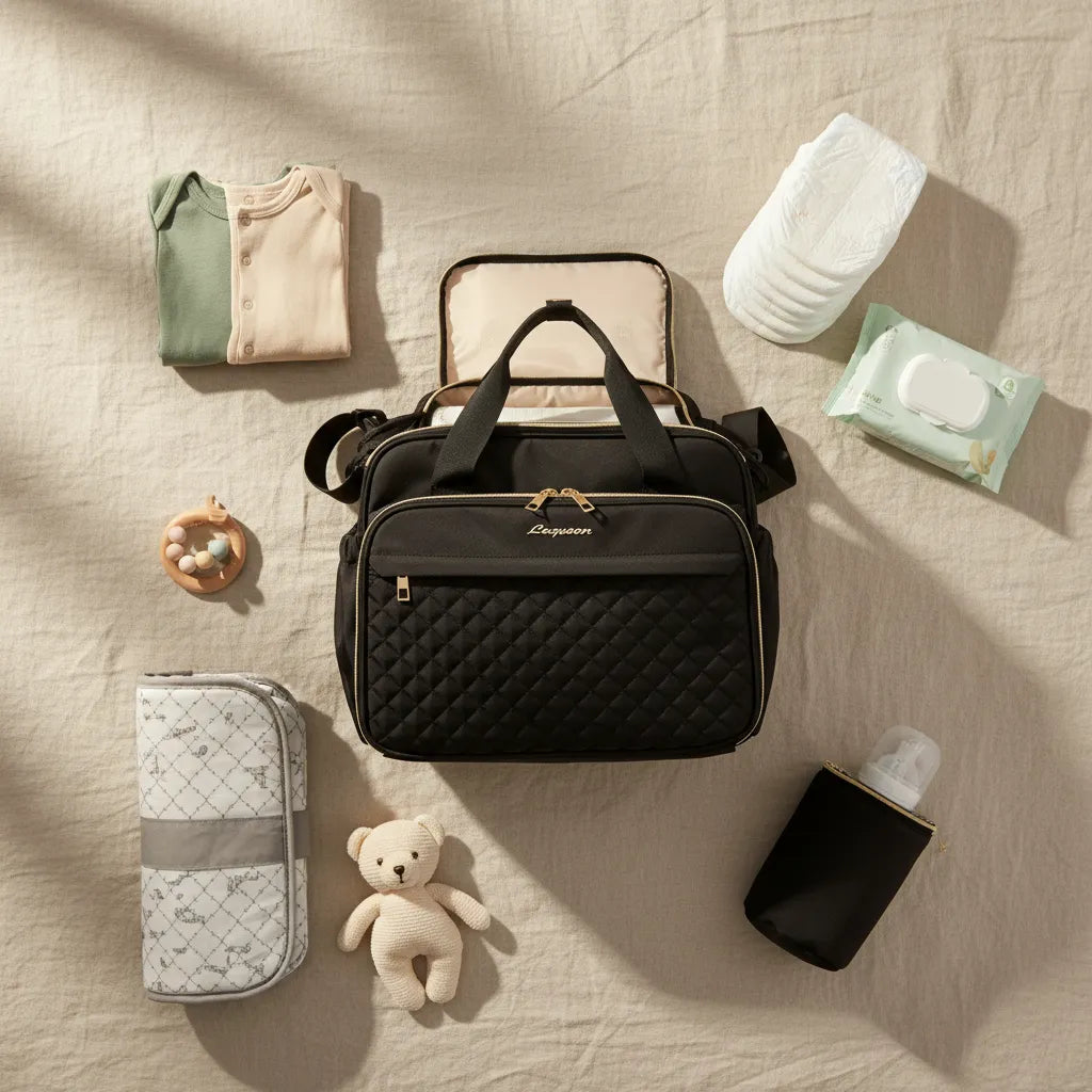 Flatlay vue du dessus du sac à langer Loqueen noir et or ouvert sur tissu lin beige, entouré des accessoires bébé : body plié vert sauge et écru, couche, lingettes, hochet anneau bois et perles, doudou ours au crochet écru, tapis à langer dépliable blanc motifs, pochette biberon isotherme noire, intérieur beige visible, lumière naturelle douce
