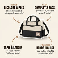 Sac à langer format cabas bicolore écru à pois et noir avec badge ourson, annotations indiquant le design bicolore à pois esthétique et intemporel, le pack complet 2 sacs assortis, le tapis à langer avec housse biberon isotherme inclus et la pochette ronde pour tétine et petits accessoires