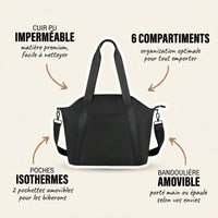 Sac à langer format cabas en cuir PU noir avec annotations indiquant le cuir PU imperméable facile à nettoyer, les 6 compartiments d'organisation optimale, les poches isothermes amovibles pour biberons et la bandoulière amovible