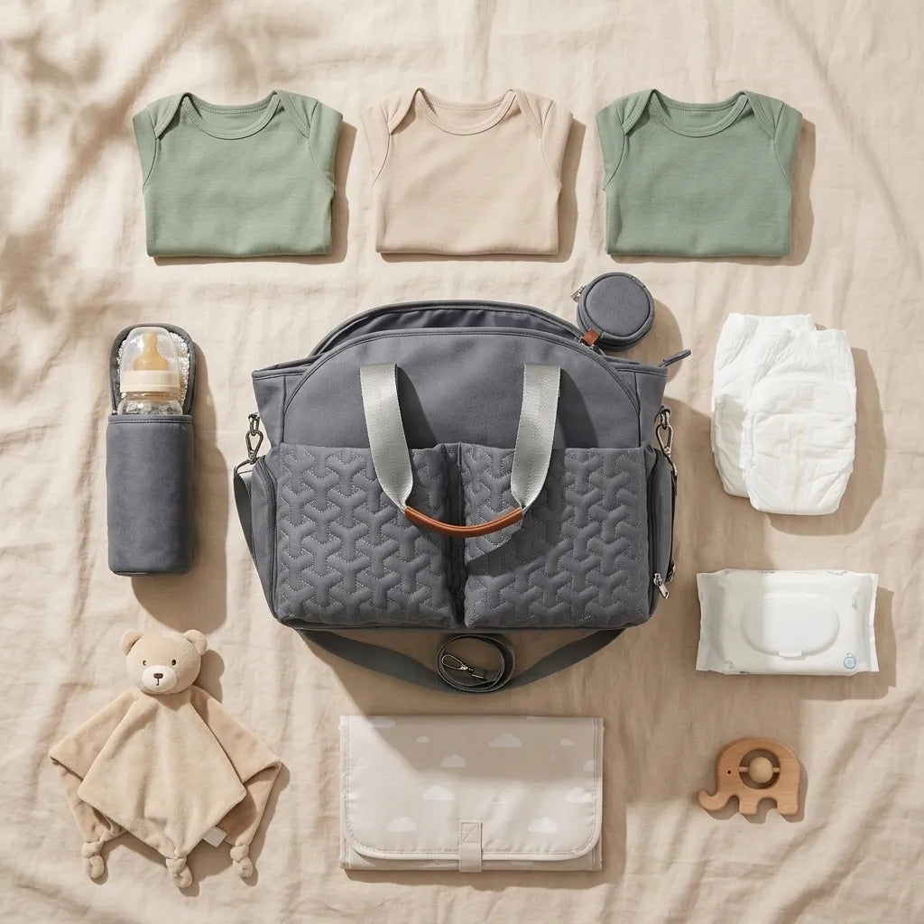 Vue de dessus d'un sac de maternité crème avec anses noires, entouré de bodies vert sauge, de couches, d'un doudou ours et d'un biberon sur un lin beige. Image
