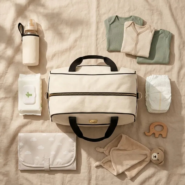 Flat lay sac à langer beige avec poignées noires et fermeture dorée entouré d'accessoires bébé complets - couches lingettes biberon tapis à langer portable vêtements vert sauge doudou et jouet dentition bois éléphant Image