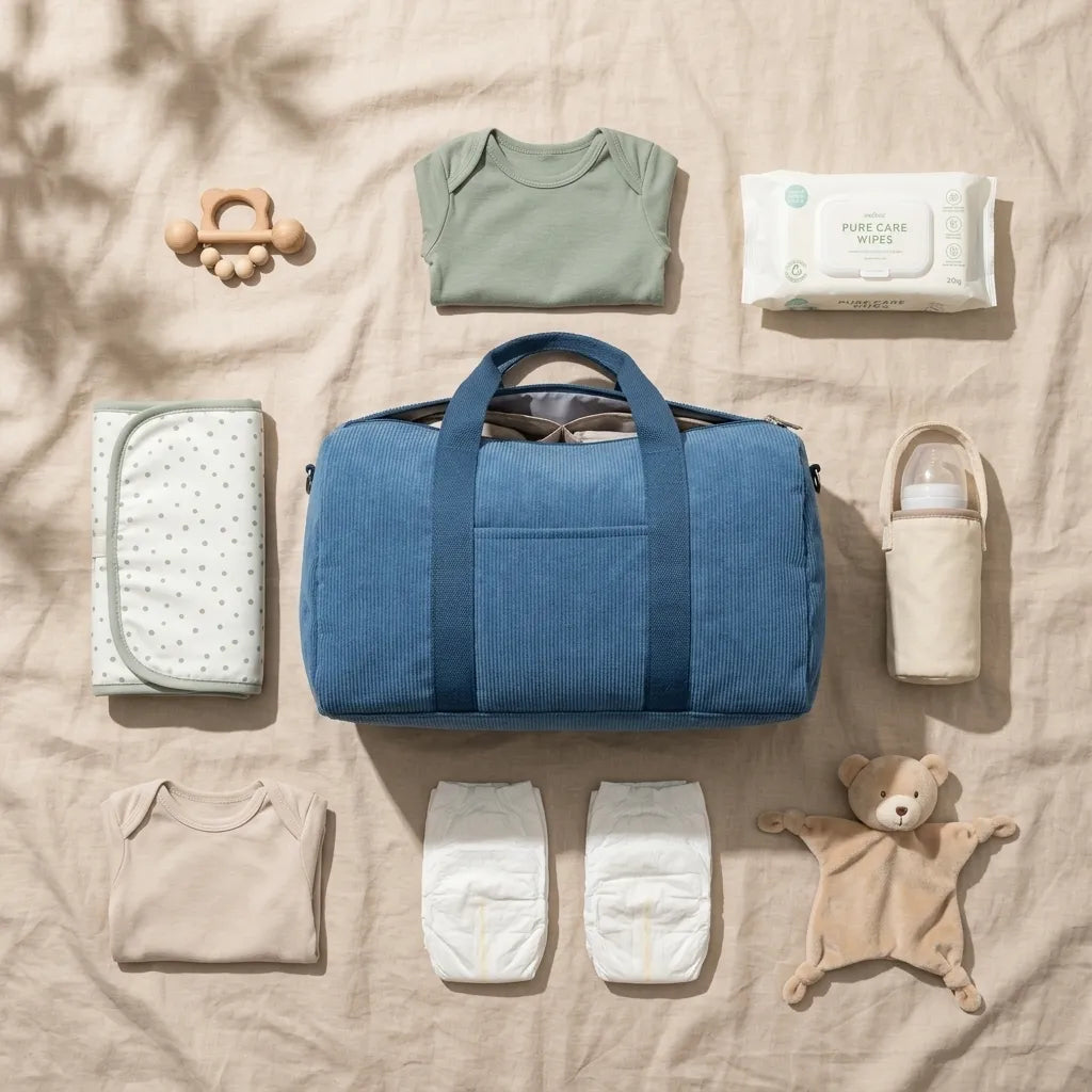 Vue à plat du sac à langer bleu en velours côtelé entouré d'accessoires bébé : couches, body vert sauge et beige, tapis à langer à pois, housse biberon, lingettes et doudou ours Image