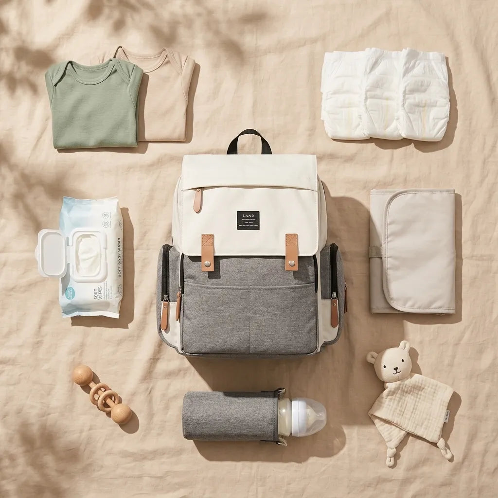 Flatlay sac à langer à dos bicolore beige et gris entouré d'accessoires bébé essentiels : couches, lingettes, body, tapis à langer, biberon, hochet en bois et doudou Image