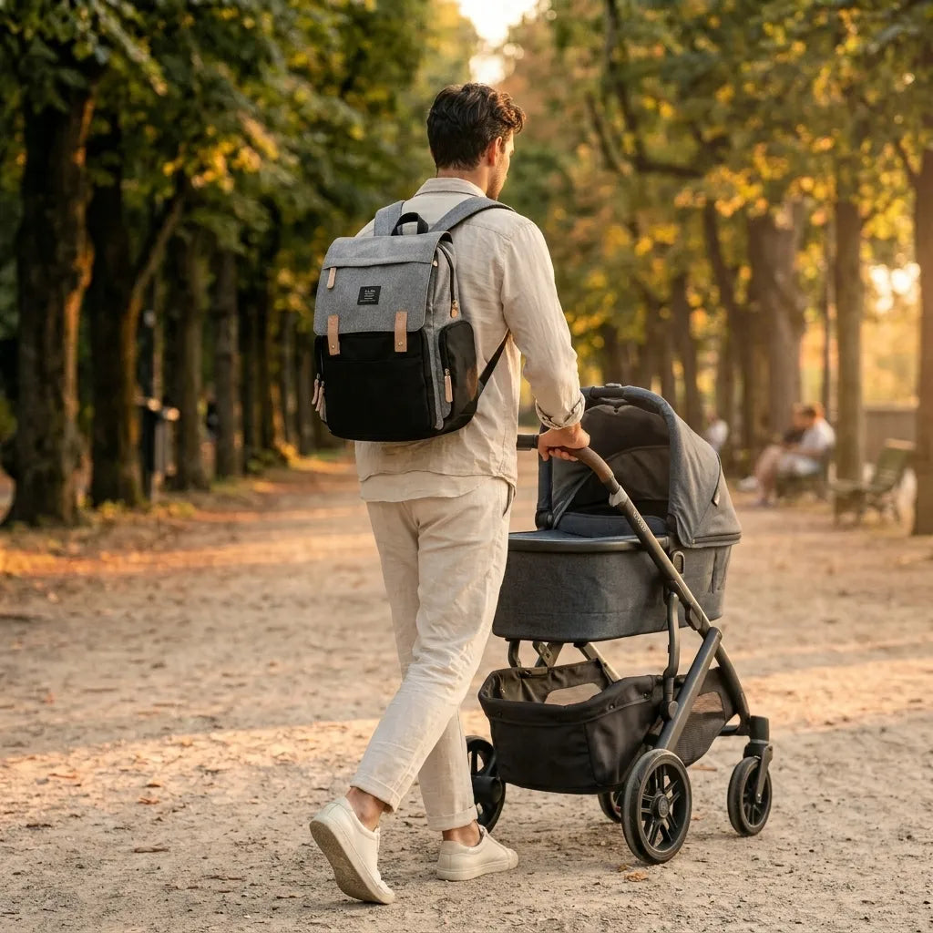 Papa portant un sac à langer à dos gris et noir avec détails cuir camel, poussant une poussette dans un parc ensoleillé, sac à langer unisexe idéal pour les sorties en famille