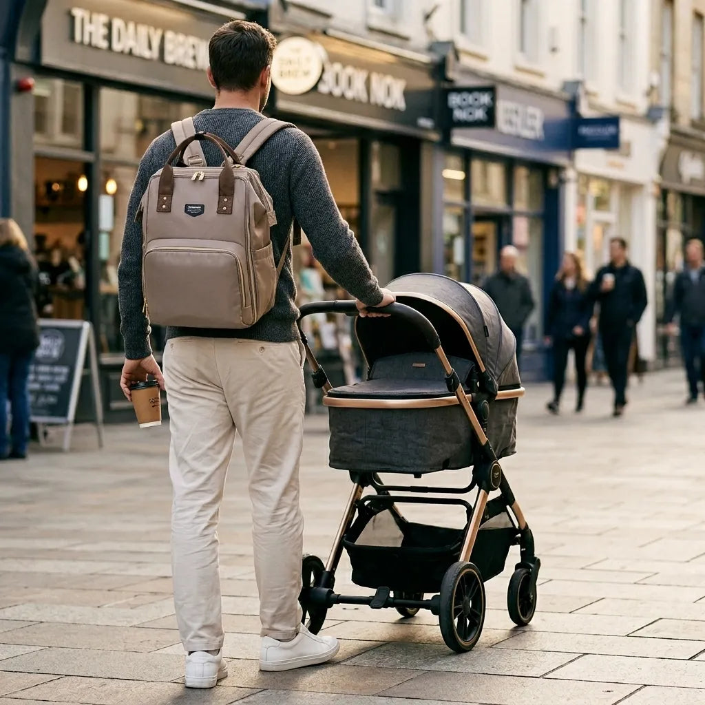 Papa portant un sac à langer à dos taupe avec poignées et détails cuir marron, poussant une poussette dans une rue commerçante animée – sac à langer unisexe élégant pour les sorties urbaines