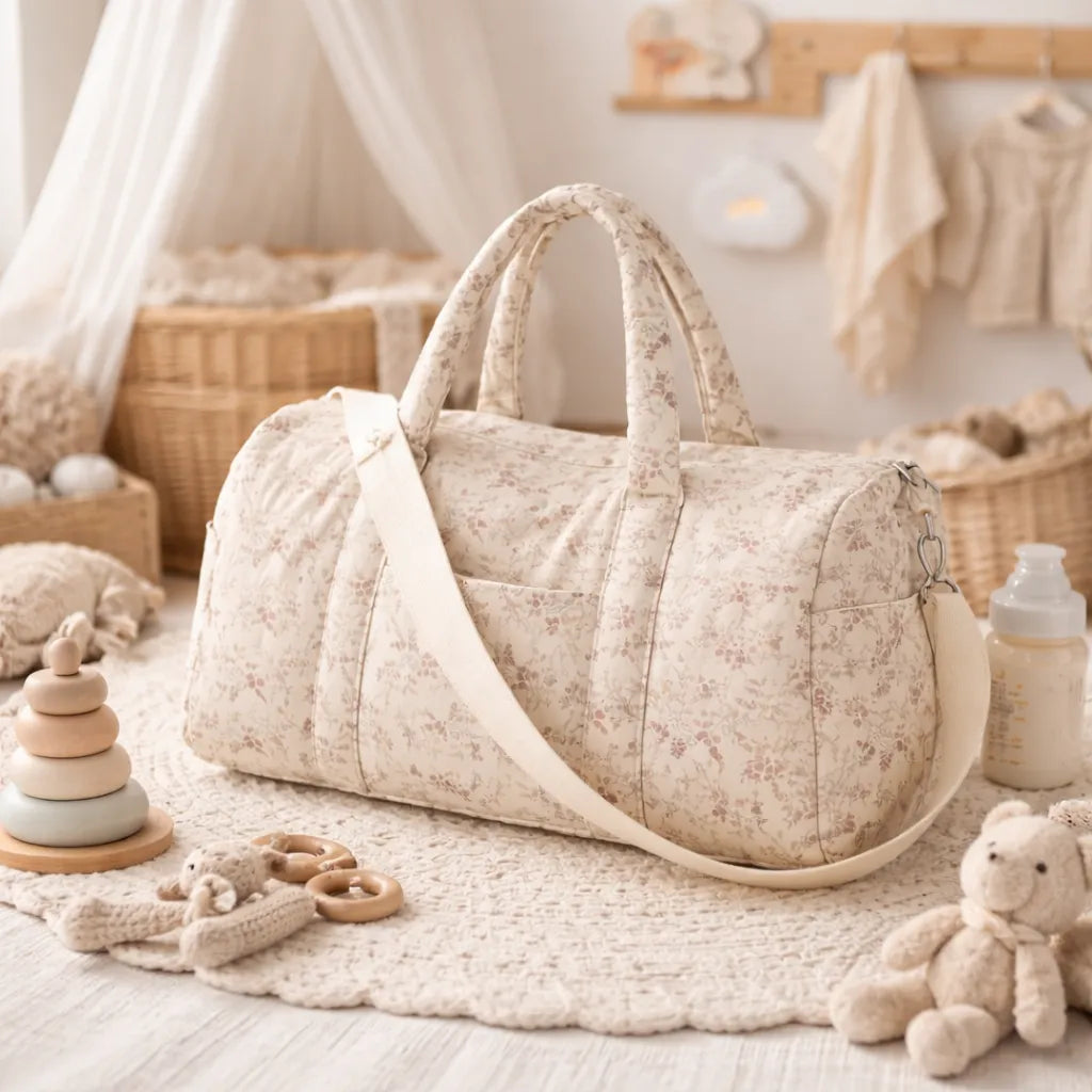 Sac à langer fleuri en gaze de coton posé dans une chambre bébé cocooning avec tapis en crochet, peluche, jouets en bois et biberon, ambiance douce et naturelle.