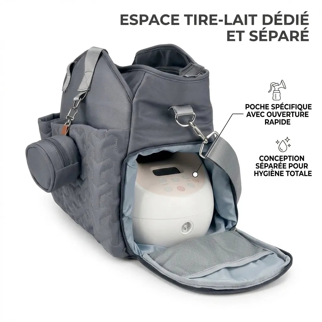 Sac à langer gris présenté sous plusieurs angles sur fond blanc, montrant une poche latérale zippée pour tire-lait et un compartiment principal spacieux avec rangements organisés.