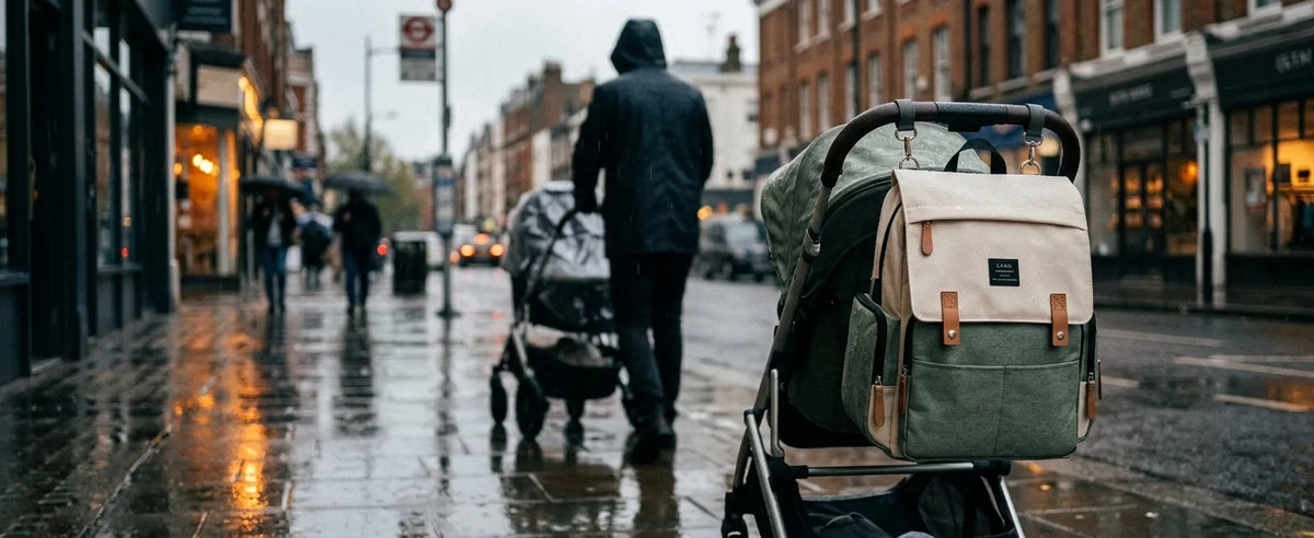 Sac à langer imperméable vert et beige fixé sur une poussette par temps de pluie en ville