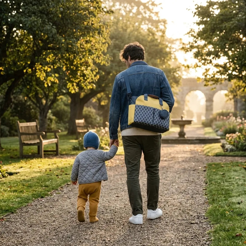 Père marchant avec son enfant dans un parc au coucher du soleil, portant un sac à langer jaune et gris en bandoulière, idéal pour une sortie organisée avec bébé.
