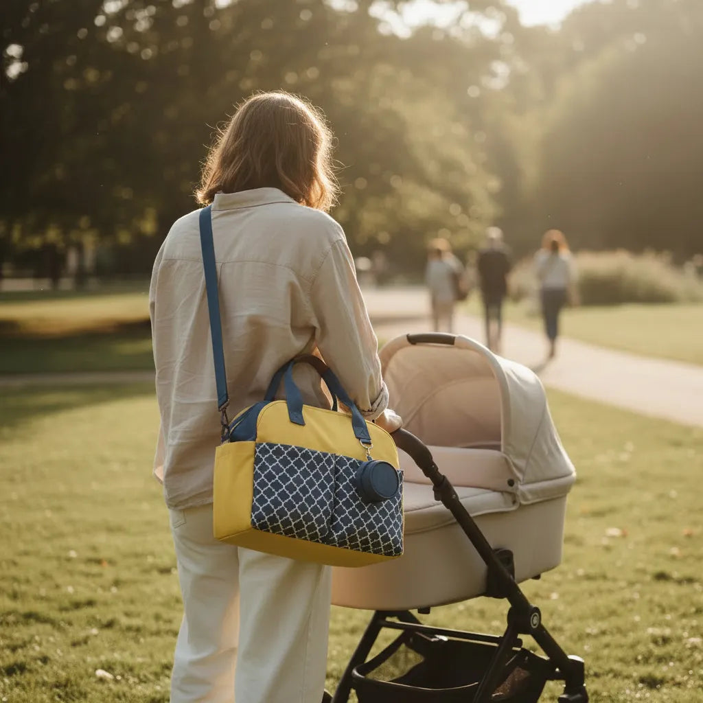 Vue de dos d'une jeune maman habillée en tenue beige ivoire portant un sac à langer bicolore jaune moutarde et gris anthracite motif treillis géométrique blanc en bandoulière bleue marine, tenu à la main près d'une poussette nacelle beige, promenade dans un parc verdoyant baigné de lumière dorée heure dorée, allée arborée floutée en arrière-plan, ambiance parentalité moderne au quotidien
