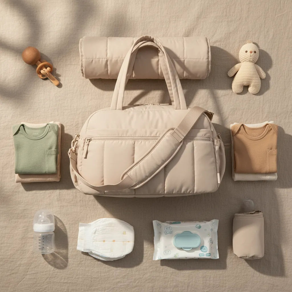 Flatlay vue du dessus d'un sac à langer matelassé beige sable avec bandoulière réglable sur tissu lin naturel, entouré des essentiels bébé organisés : tapis à langer roulé, hochet bois, doudou ourson au crochet écru, deux bodies pliés vert sauge et camel, couche, paquet de lingettes bleu pastel, biberon et pochette isotherme beige, lumière naturelle douce ombres portées Image