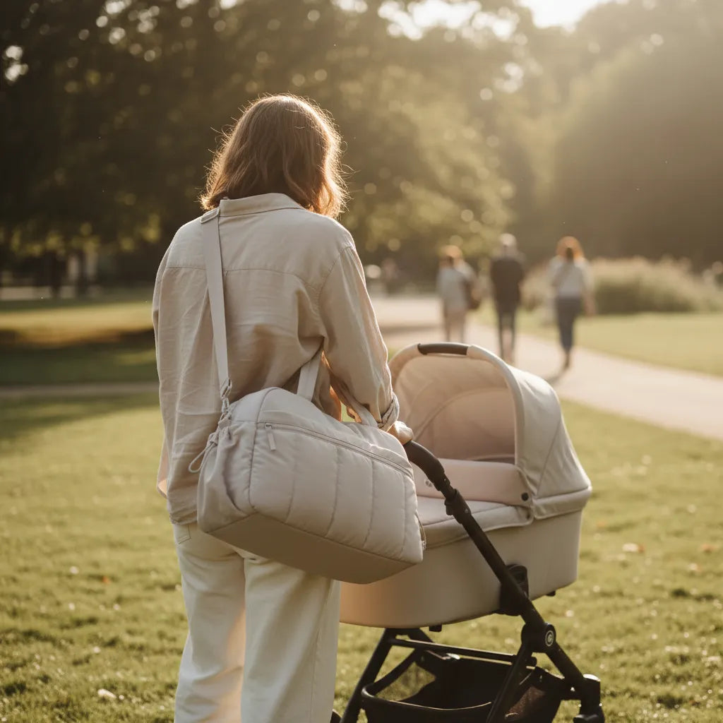 Vue de dos d'une jeune maman habillée en tenue beige portant un sac à langer matelassé beige sable en bandoulière, poussant une poussette nacelle dans un parc verdoyant baigné de lumière dorée heure dorée, ambiance slow parenting promenade extérieure