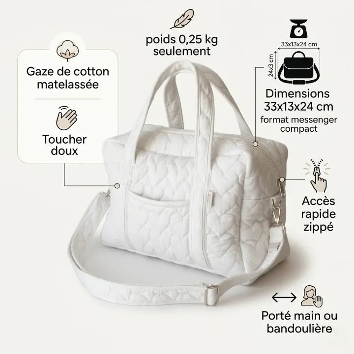 Infographie sac à langer matelassé blanc format compact 33x13x24 cm pesant 0,25 kg, en gaze de coton matelassée toucher doux, avec accès rapide zippé sur le côté et bandoulière réglable, porté main ou en bandoulière