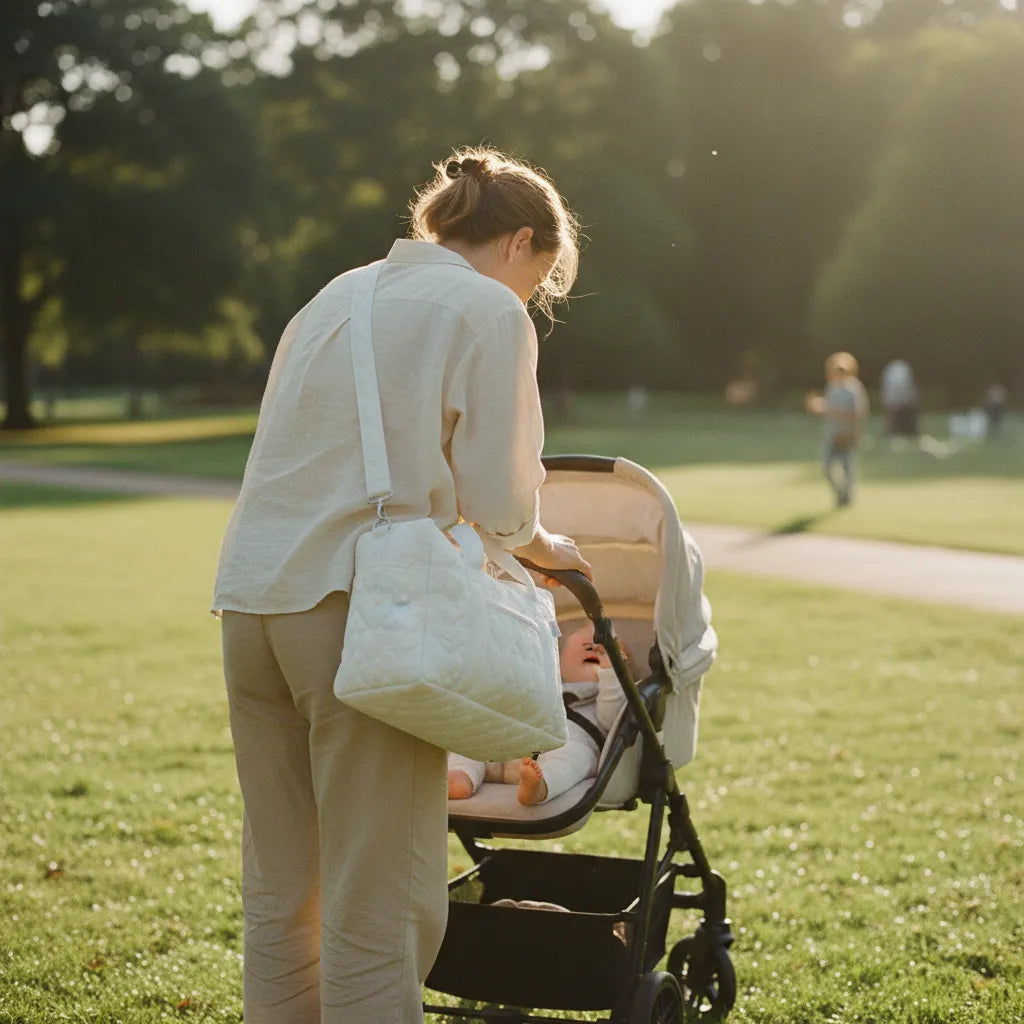 Maman de dos en tenue lin beige portant un sac à langer matelassé blanc en bandoulière, penchée sur sa poussette noire avec son bébé souriant dans un parc verdoyant en lumière dorée de fin de journée