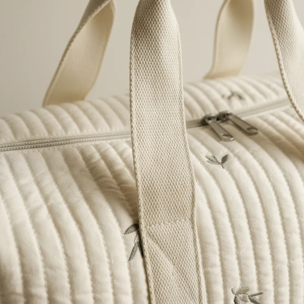 Gros plan sur la texture matelassée côtelée ivoire d'un sac à langer, mettant en valeur les broderies brindilles grises, la poignée en coton tressé beige renforcée, la fermeture éclair double curseur argentée et la qualité des surpiqûres parallèles