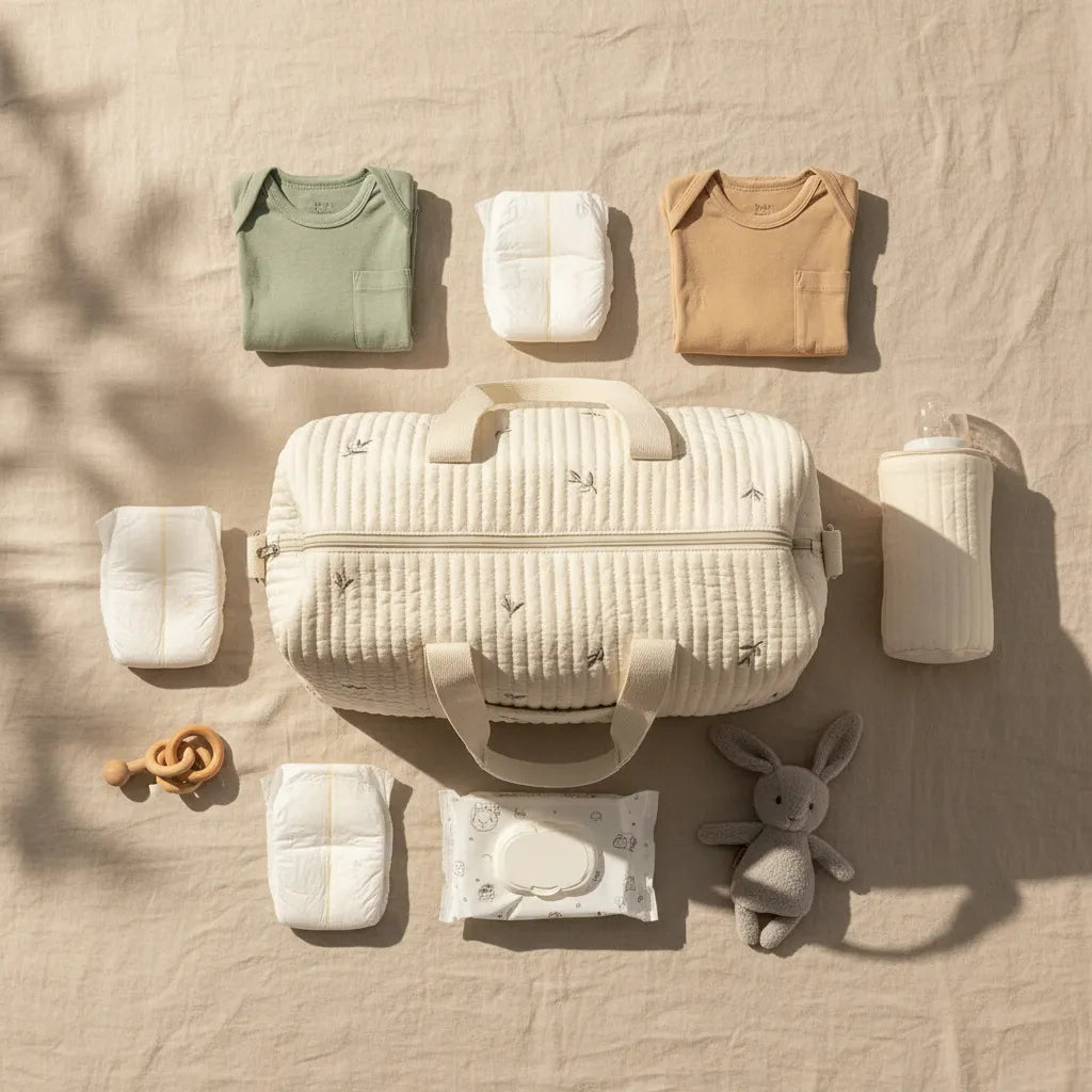 Flatlay vue du dessus d'un sac à langer matelassé ivoire à motif brindilles sur tissu lin beige, entouré des essentiels bébé : deux couches, lingettes, biberon isotherme, deux bodies pliés vert sauge et camel, hochet anneau bois et doudou lapin gris, lumière naturelle douce

