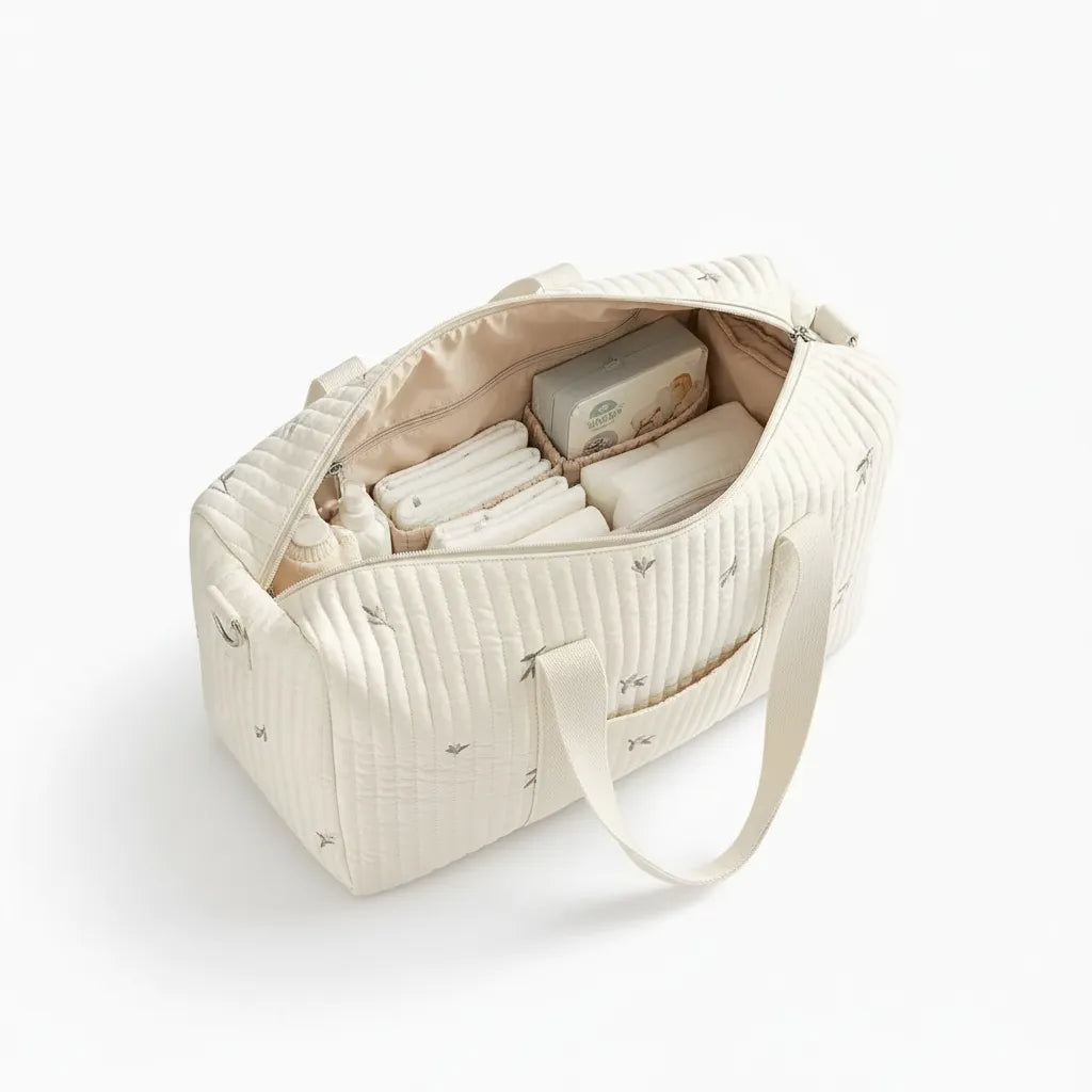 Sac à langer matelassé ivoire grand ouvert sur fond blanc, motif brindilles brodées, révélant un intérieur beige sable avec couches empilées, boîte de lingettes, pochette zippée latérale et doublure structurée, double poignée coton