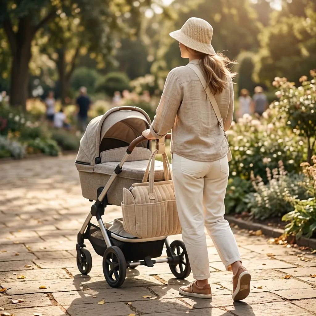 Maman de dos promenant son bébé en poussette dans un parc avec sac à langer maternité solide imperméable beige porté à la main - poches latérales accès rapide aux essentiels visibles