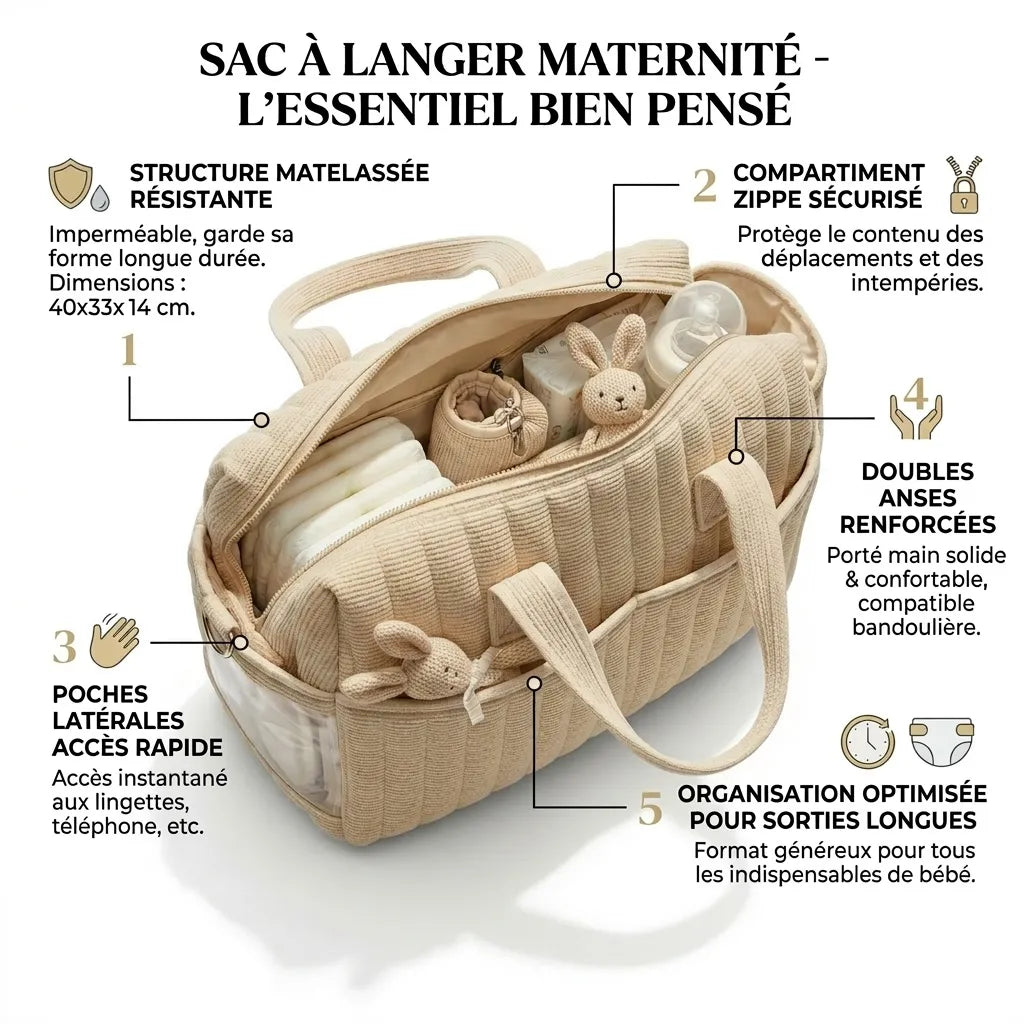 Infographie sac à langer maternité imperméable structure matelassée résistante : poches latérales extérieures accès rapide aux essentiels, compartiment zippé sécurisé, doubles anses renforcées compatibles bandoulière - dimensions 40x33x14cm
