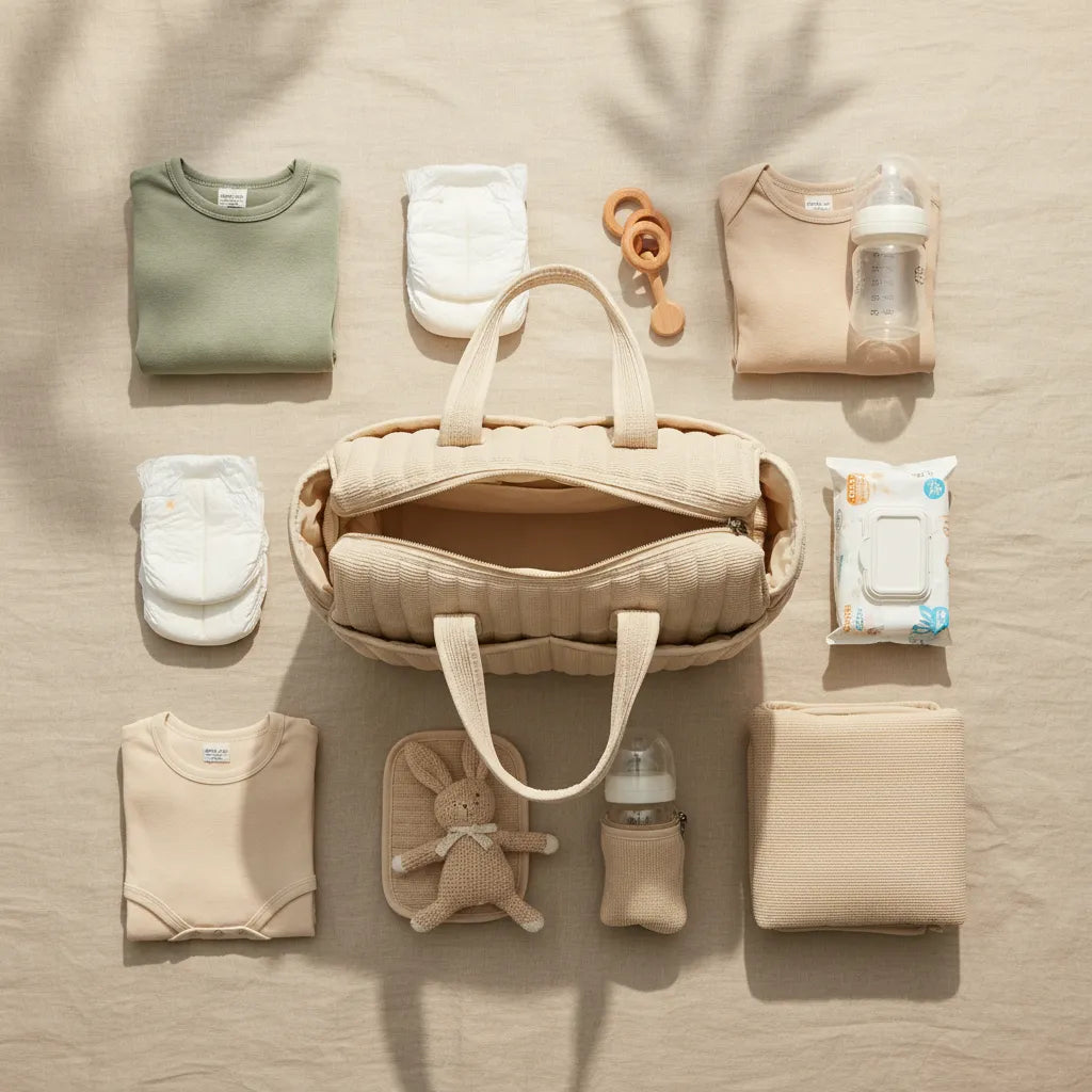 Flat lay sac à langer maternité imperméable beige ouvert entouré de ses essentiels : couches, biberon, body bébé vert et beige, doudou lapin, lingettes, hochet bois et tapis à langer - grande capacité organisation optimisée