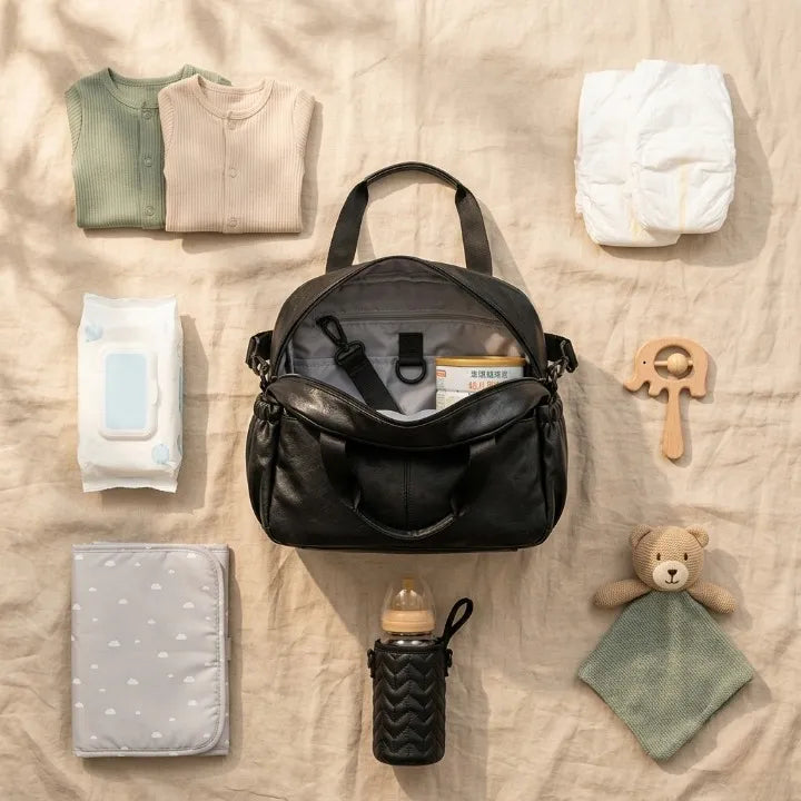 Vue à plat d'un sac à langer noir en cuir PU entouré de ses accessoires : couches, lingettes, biberon, lait infantile, tapis à langer, vêtements bébé, jouets en bois et doudou – trousse complète pour sortie Image