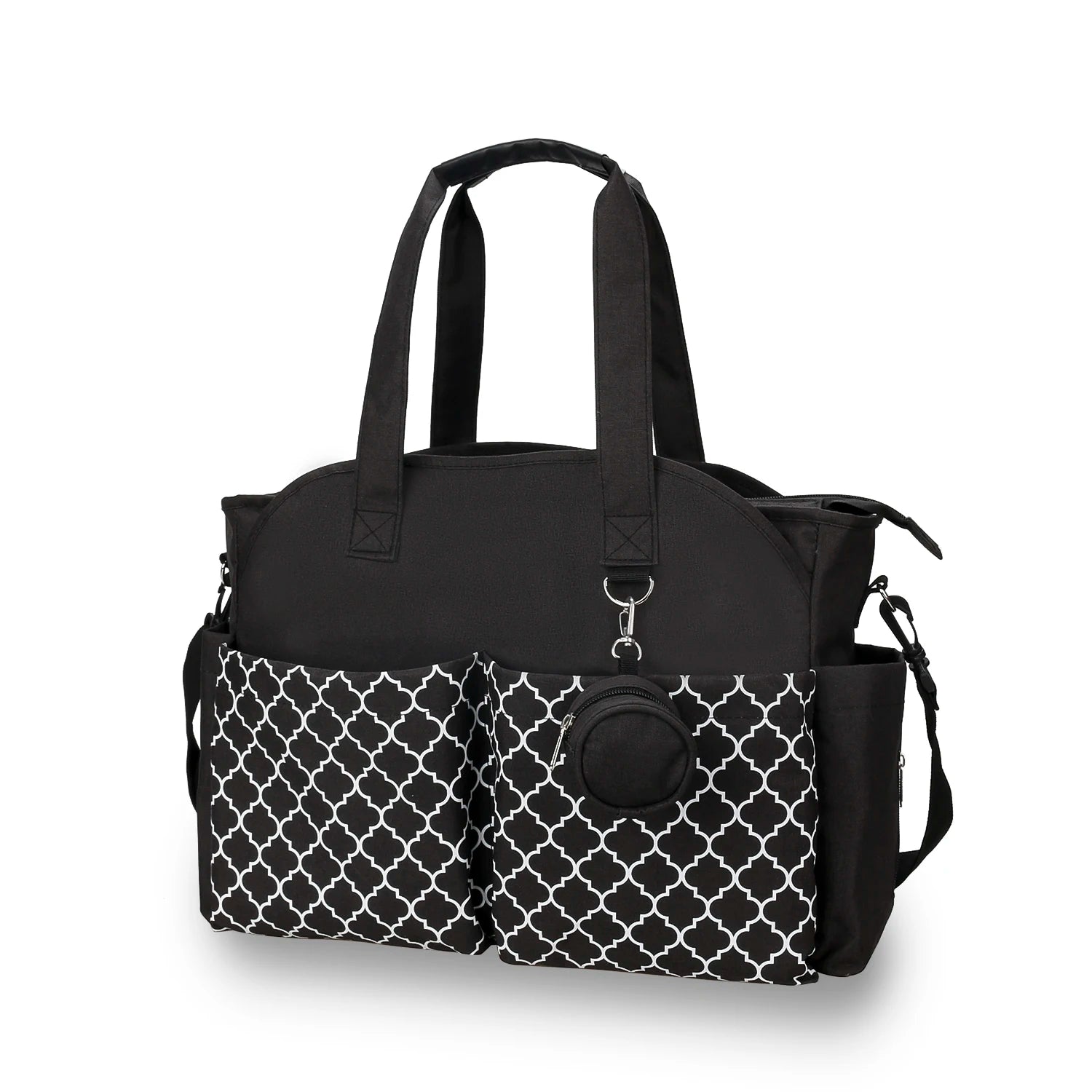 Sac à langer noir foncé à motifs géométriques avec grandes poches avant, poignées solides et bandoulière réglable, idéal pour organiser les affaires de bébé en sortie.