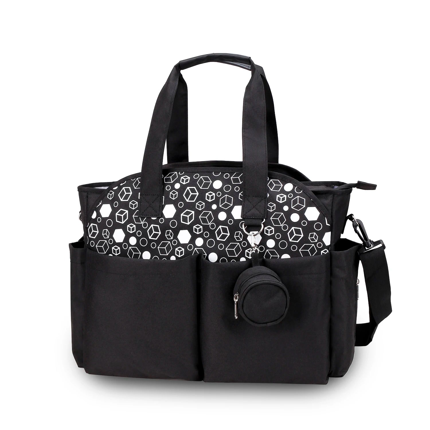 Sac à langer noir motifs avec poches avant – format bandoulière et poignées sur fond blanc