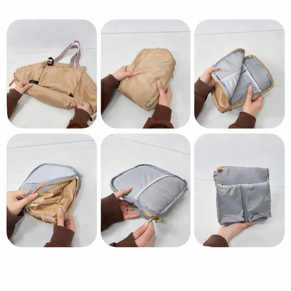 Étapes de pliage d’un sac à langer beige montrant comment le replier facilement en format compact pour le transporter.