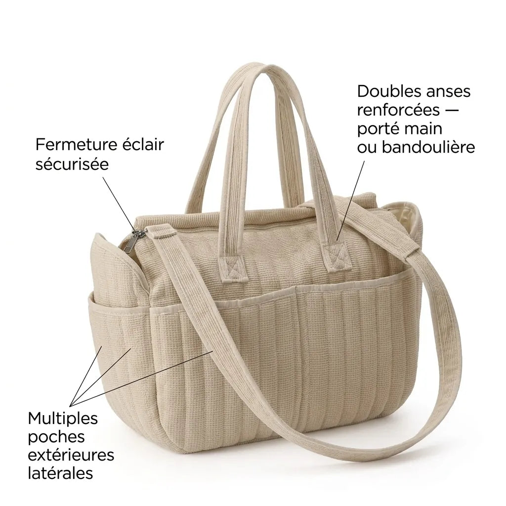 Infographie sac à langer maternité beige solide : multiples poches extérieures latérales pour accéder aux essentiels sans ouvrir le sac, fermeture éclair sécurisée et doubles anses renforcées portées main ou bandoulière