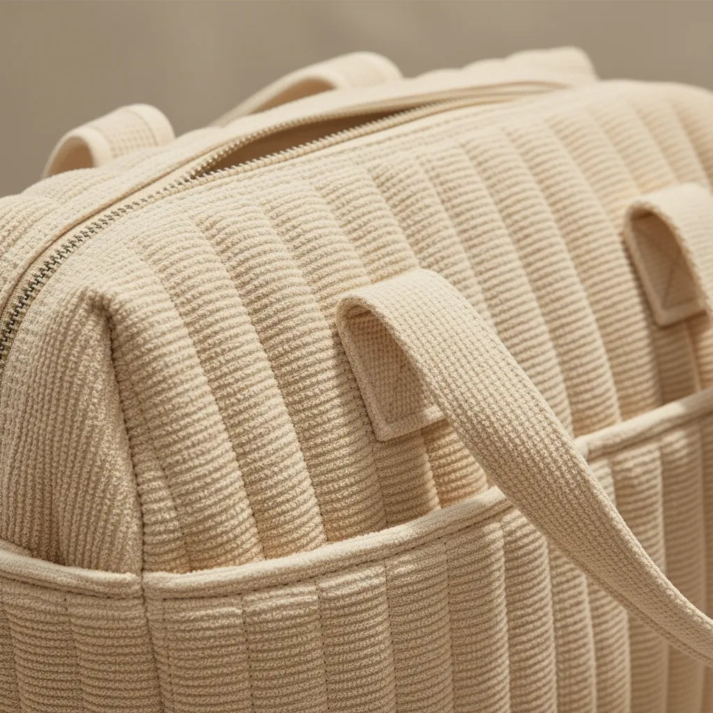 Gros plan sur la texture matelassée côtelée beige d'un sac à langer maternité solide imperméable : anses doubles renforcées cousues solidement, fermeture éclair robuste et poches latérales extérieures accès rapide
