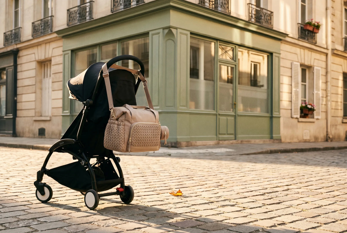 Sac à langer taupe matelassé effet torsadé avec pochette ronde assortie accroché au guidon d'une poussette Yoyo stationnée sur les pavés d'une rue parisienne au coucher du soleil