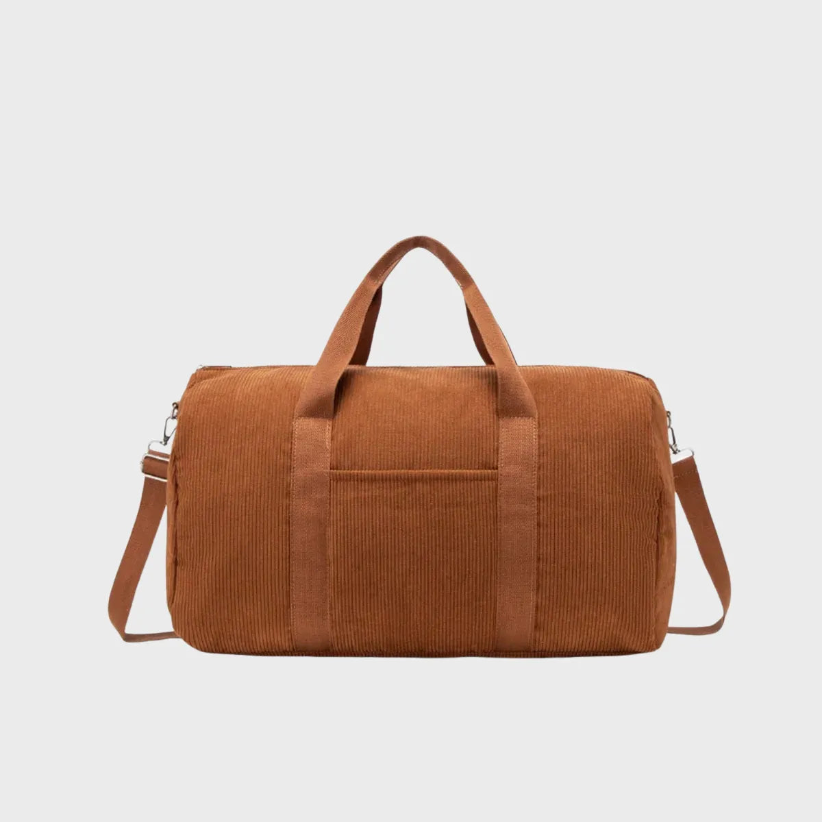 Sac à langer tote bag en velours côtelé caramel avec poignées et bandoulière amovible, vue de face