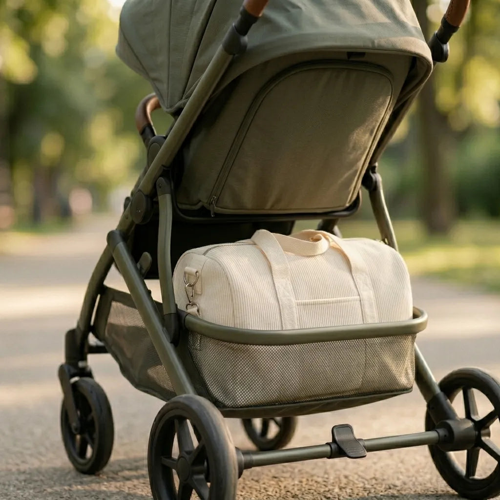 Sac à langer en velours côtelé beige écru rangé dans le panier d'une poussette verte en extérieur – compact, pratique et élégant pour les promenades avec bébé Image