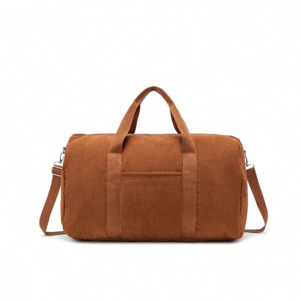 Sac à langer tote bag en velours côtelé caramel avec poignées et bandoulière amovible, vue de face