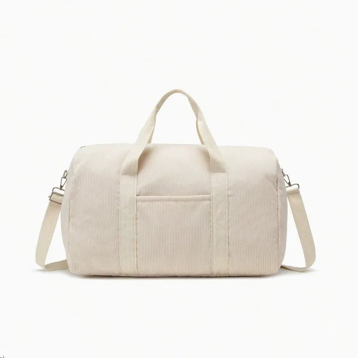 Sac à langer tote bag velours côtelé crème épuré avec poignées et bandoulière amovible, vue de face