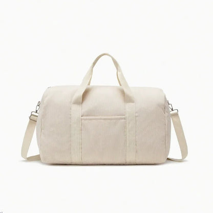 Sac à langer tote bag velours côtelé crème épuré avec poignées et bandoulière amovible, vue de face