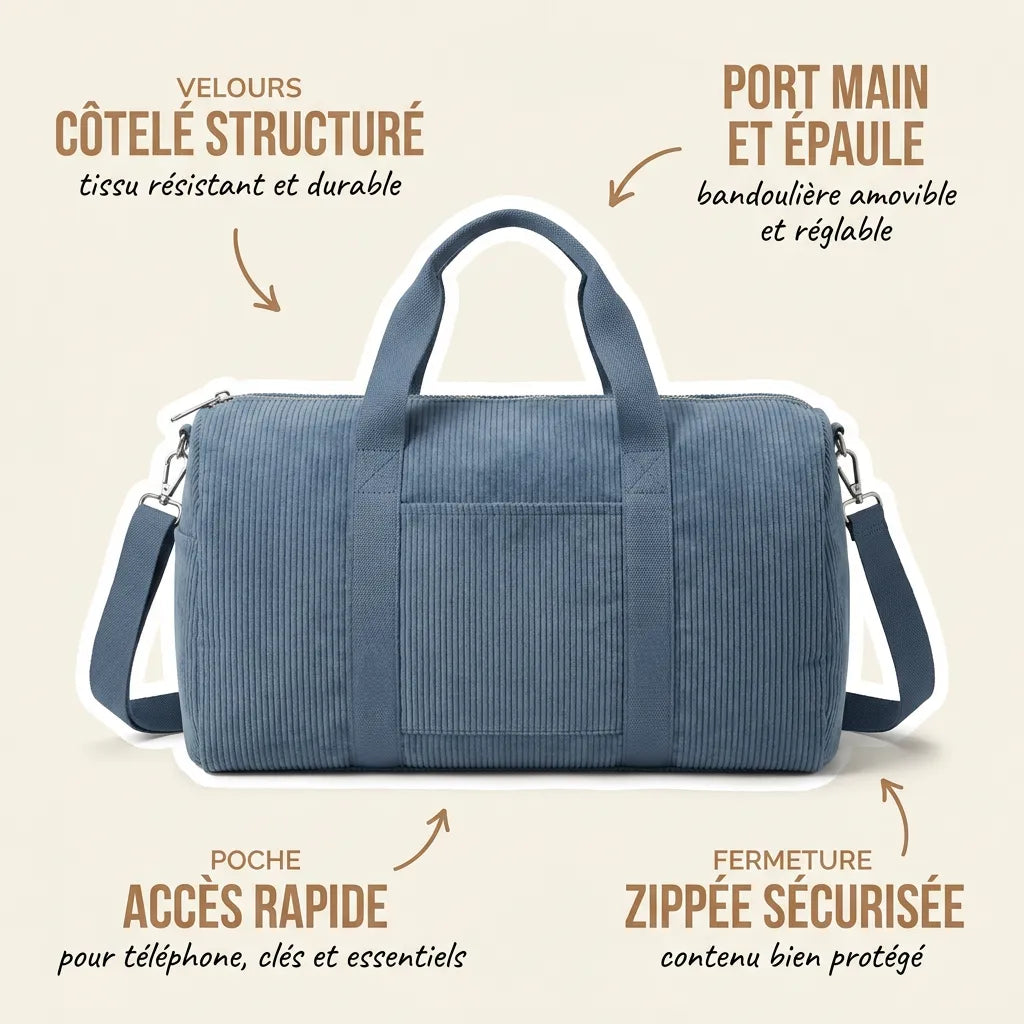 Sac maternité format week-end en velours côtelé bleu jean avec annotations indiquant le velours côtelé structuré résistant et durable, le port main et épaule avec bandoulière amovible et réglable, la poche d'accès rapide pour téléphone et essentiels et la fermeture zippée sécurisée