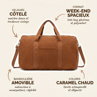 Sac maternité format week-end en velours côtelé caramel avec annotations indiquant le velours côtelé doux et tendance vintage, le format week-end spacieux tote bag polyvalent, la bandoulière amovible à mousquetons réglable et le coloris caramel chaud intemporel