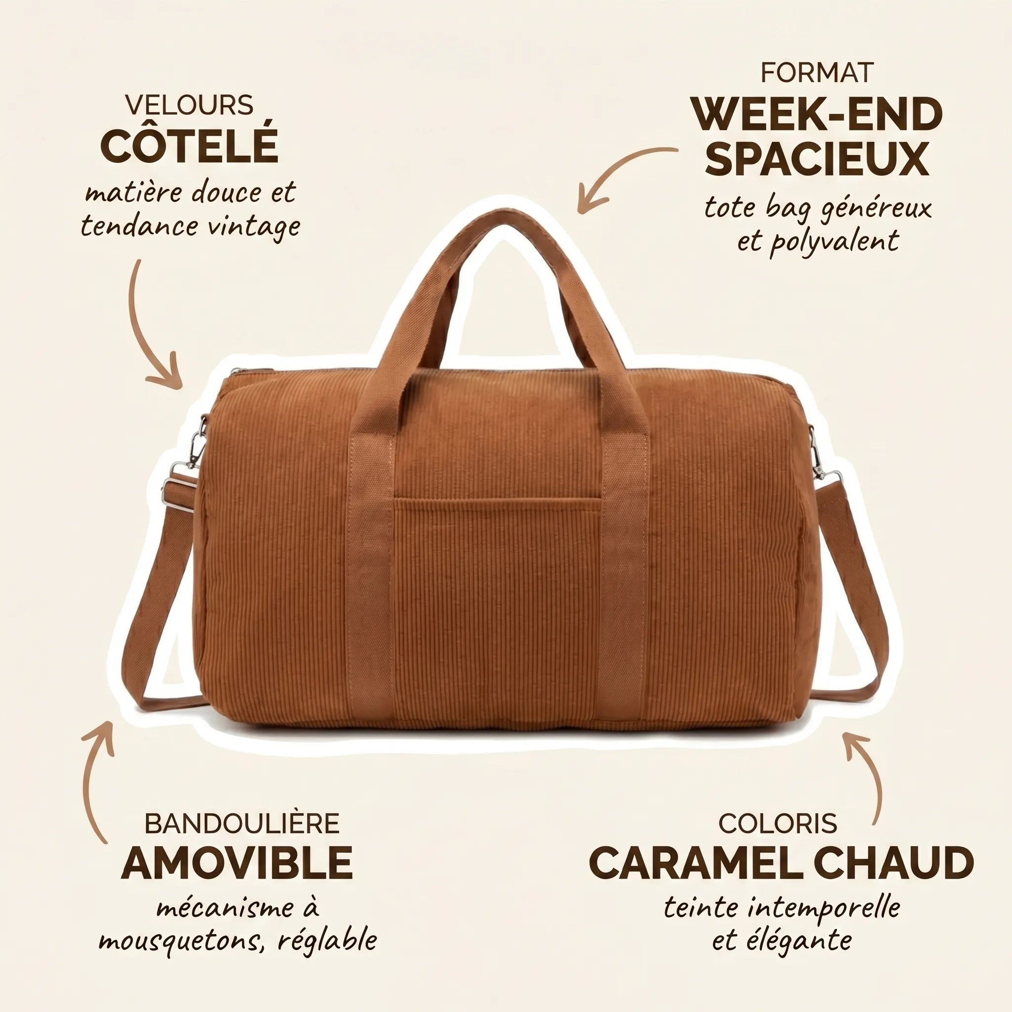 Sac maternité format week-end en velours côtelé caramel avec annotations indiquant le velours côtelé doux et tendance vintage, le format week-end spacieux tote bag polyvalent, la bandoulière amovible à mousquetons réglable et le coloris caramel chaud intemporel