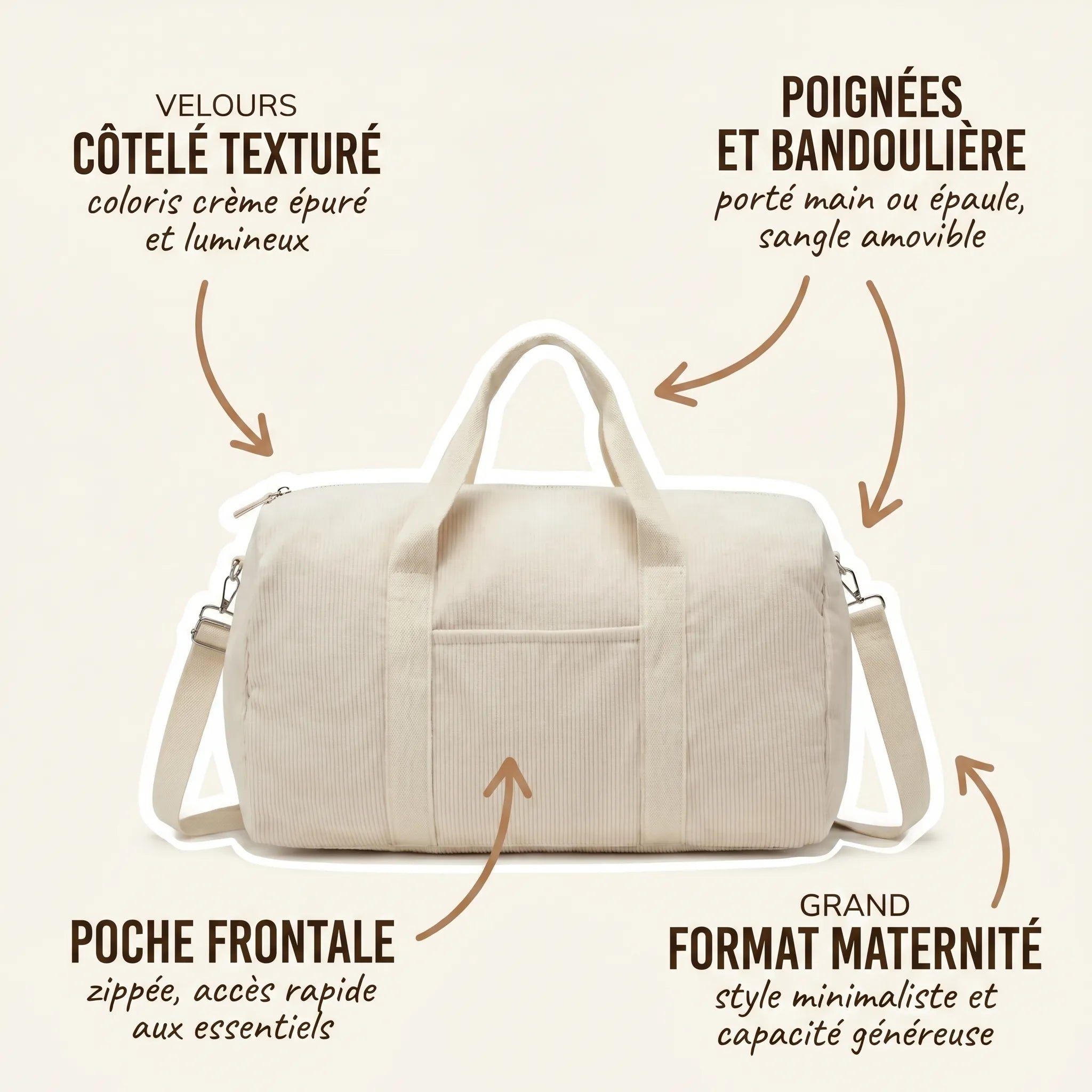 Sac maternité format polochon en velours côtelé crème avec annotations indiquant le velours côtelé texturé coloris épuré, les poignées et bandoulière amovible, la poche frontale zippée pour accès rapide et le grand format maternité minimaliste