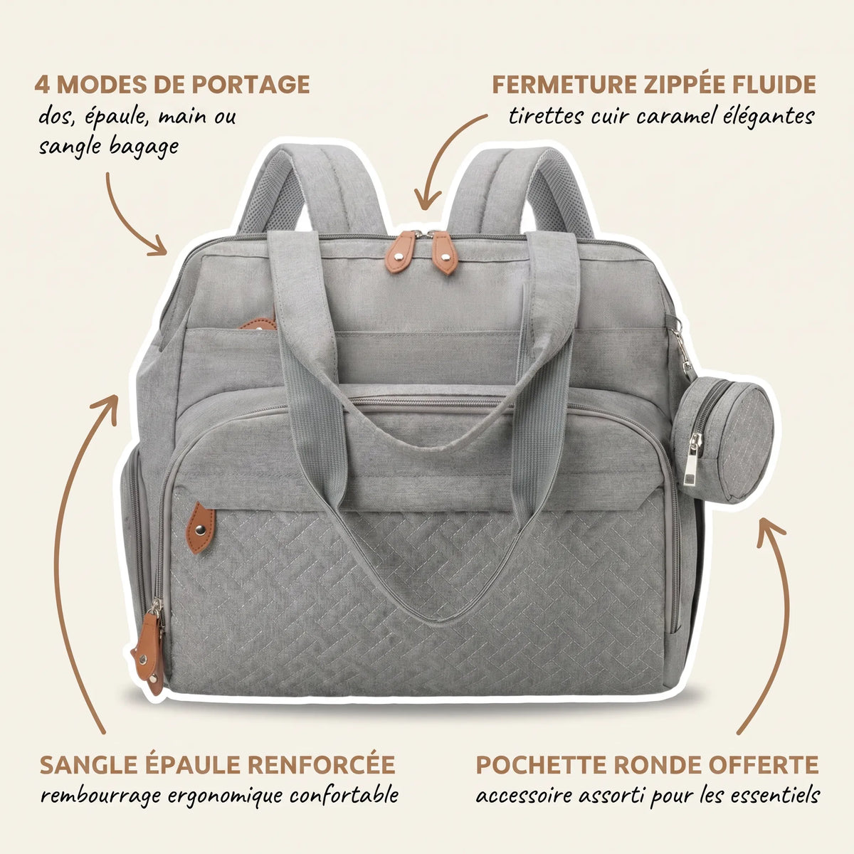 Sac à dos à langer voyage gris chiné grande capacité avec 4 modes de portage et pochette ronde assortie