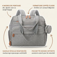 Sac à dos à langer voyage gris chiné grande capacité avec 4 modes de portage et pochette ronde assortie