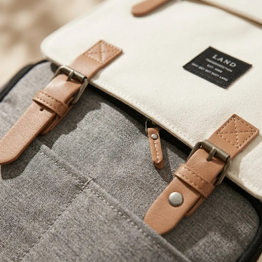 Gros plan sur les boucles en cuir camel et le canvas bicolore crème et gris d'un sac à langer à dos, avec fermeture éclair et logo LAND – finitions soignées et durables