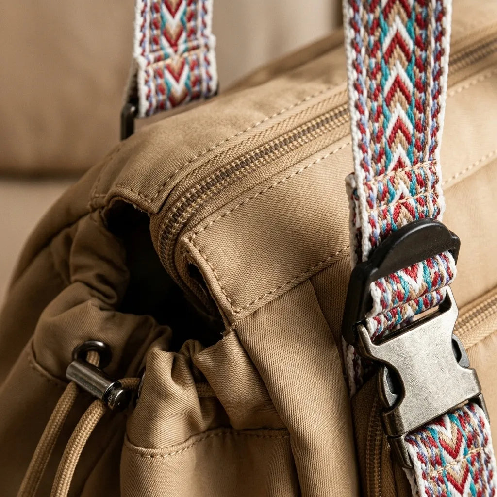 Gros plan sur la sangle réglable à motif bohème multicolore d'un sac à langer beige – boucle clip robuste, fermeture éclair renforcée et tissu imperméable haute qualité