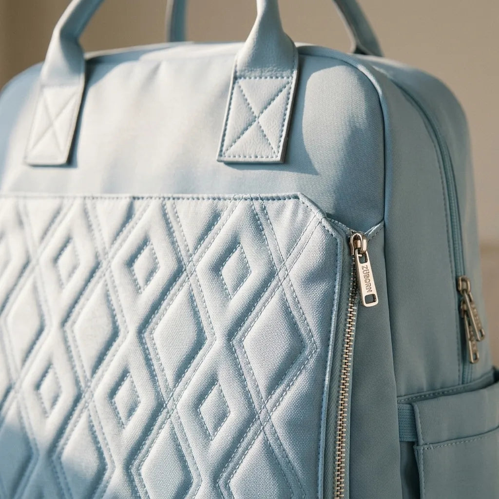 Gros plan sur la texture matelassée losanges et la fermeture éclair argentée du sac à dos à langer bleu ciel