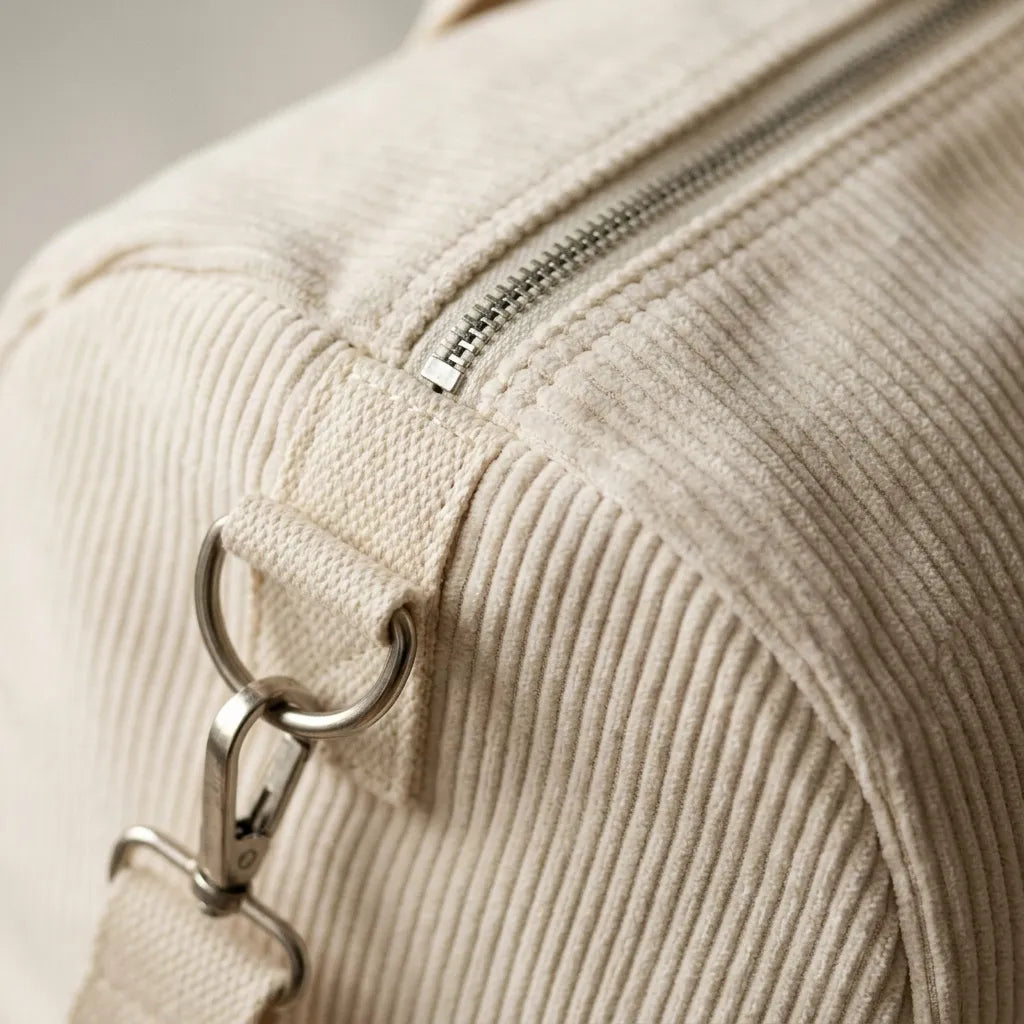 Gros plan sur le tissu velours côtelé beige écru d'un sac à langer avec fermeture éclair solide, poignée renforcée et anneau métallique argenté pour bandoulière amovible