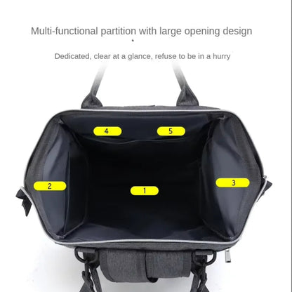 Vue intérieure détaillée des 5 compartiments de rangement du sac à langer pour une organisation optimale des affaires de bébé