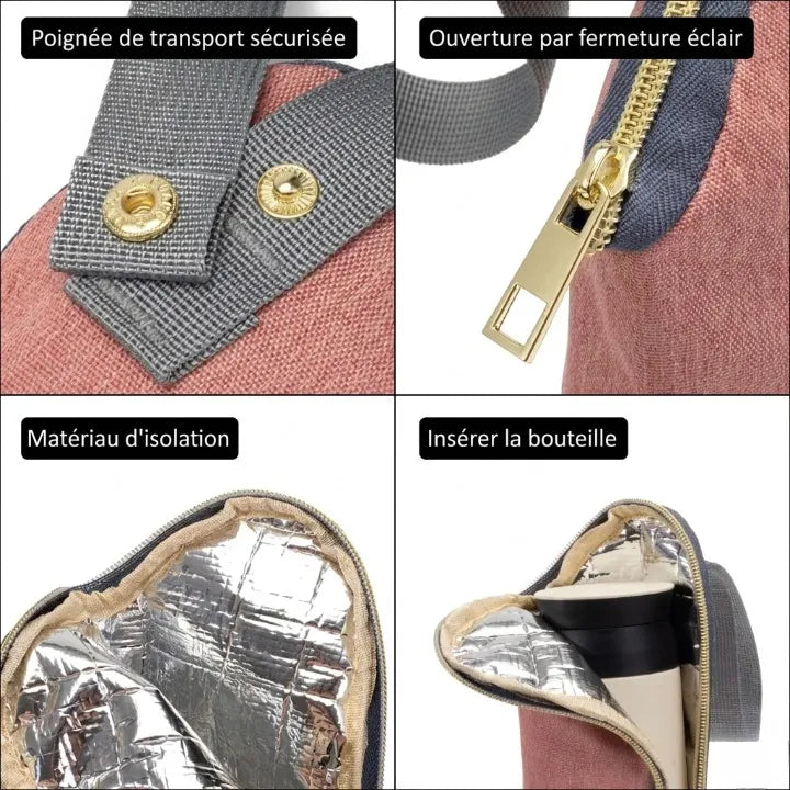 les details de la pochette isotherme biberon : poignee securisé, ouverte zippée, aluminium isotherme