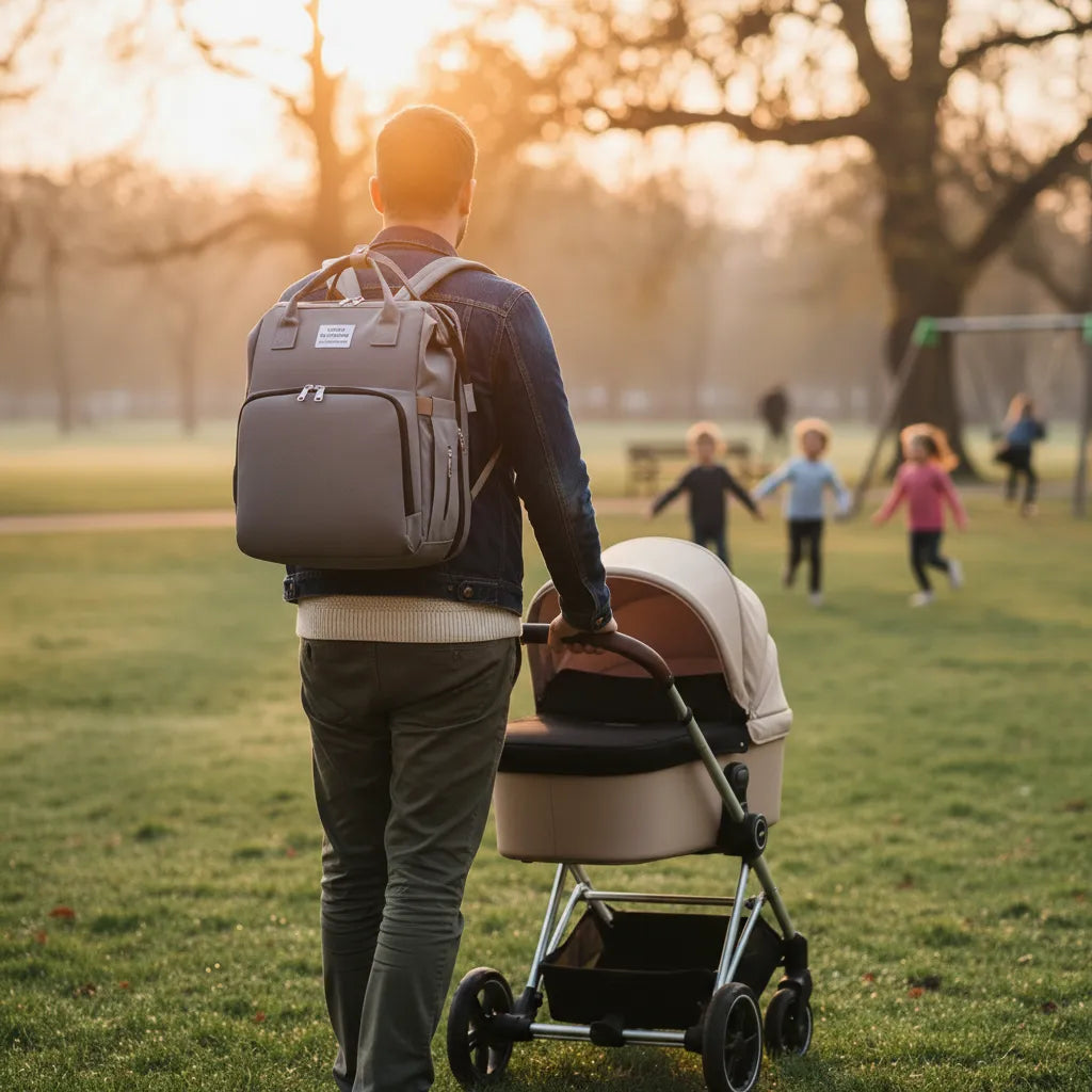 Père marchant dans un parc au coucher du soleil avec un sac à dos à langer gris et une poussette moderne